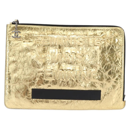 Chanel Feminine Pouch Crinkled Leather, GOLD, LEATHER, Clutche & pouche