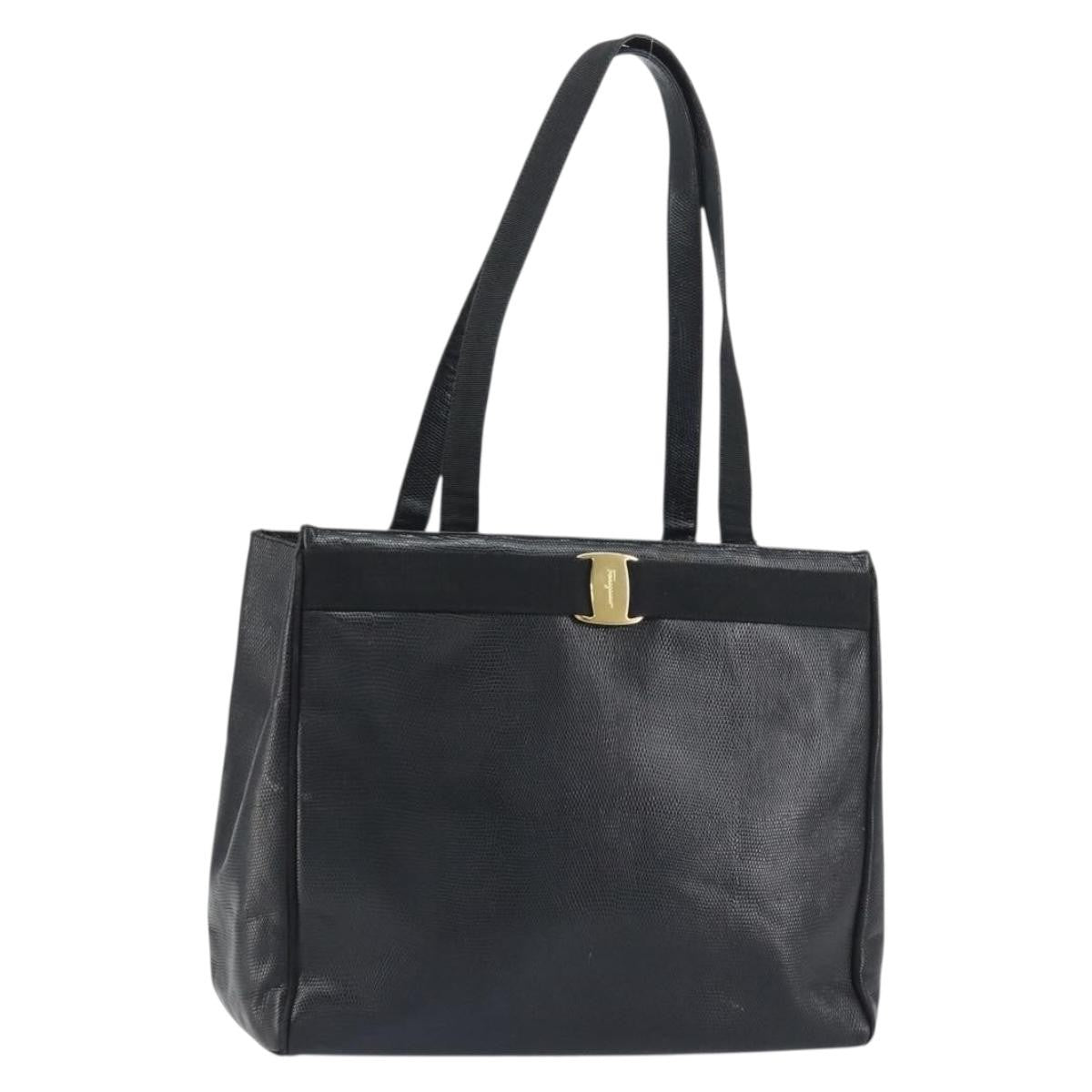 Salvatore Ferragamo Vintage Vara Bow Tote Lizard Embossed Leather, BLACK, LEATHER, Tote bag