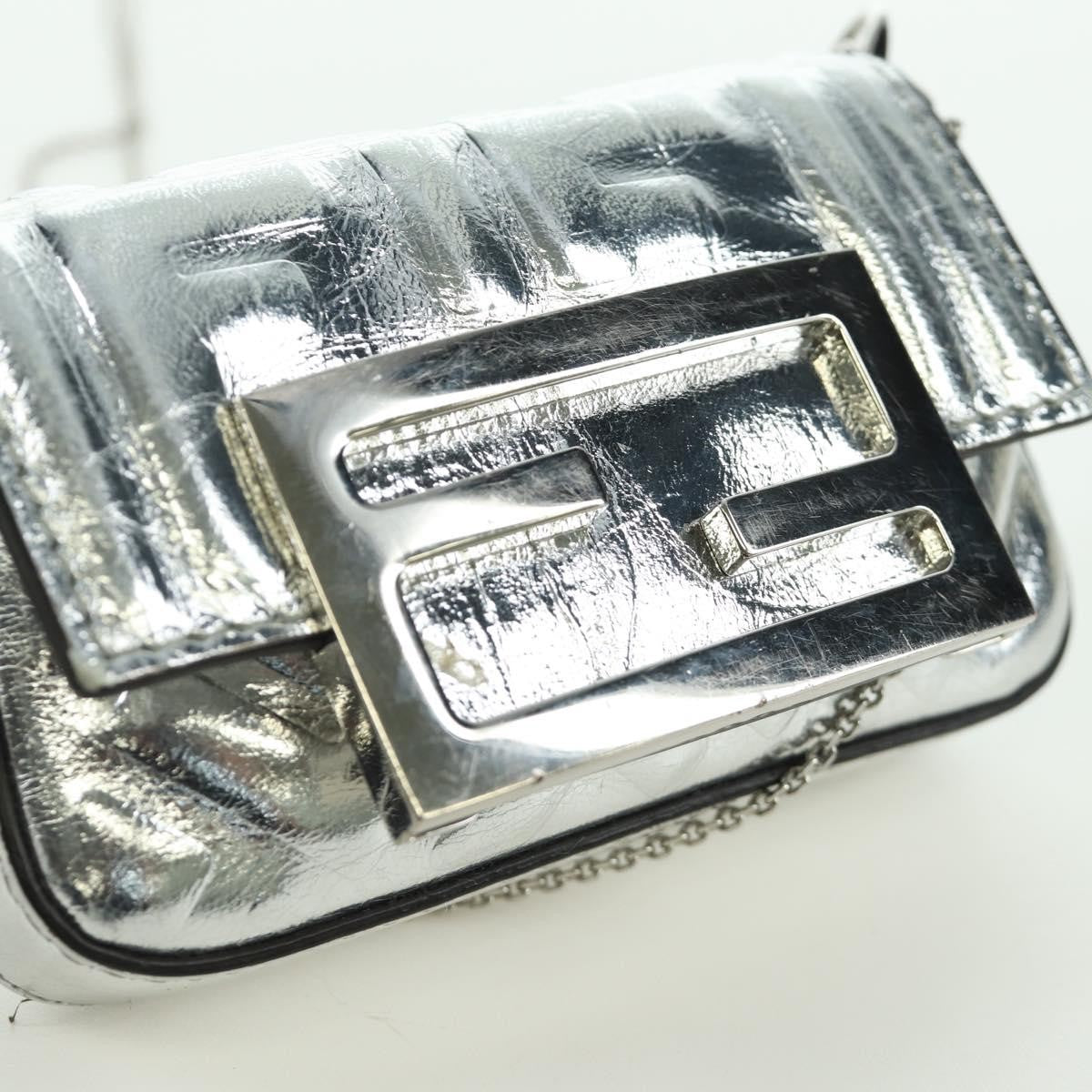 Fendi Chain Baguette Charm Bag Zucca Embossed Leather, Silver, Canvas, Clutch