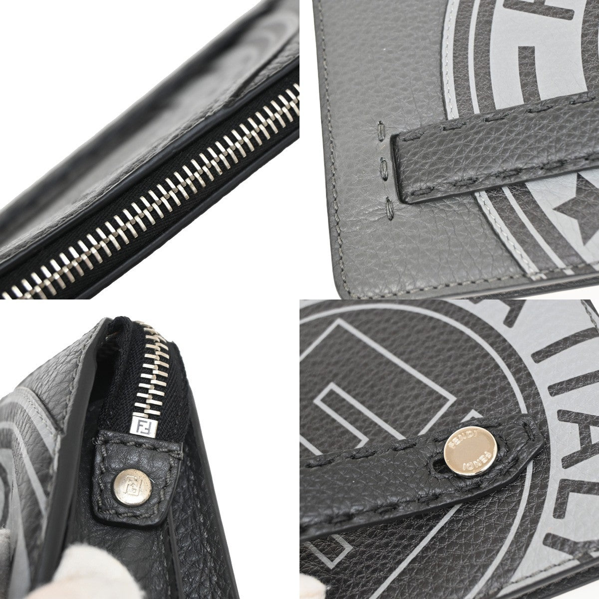 Fendi logo zip pouch FF Printed Leathear, GRAY, LEATHER, Clutche & pouche