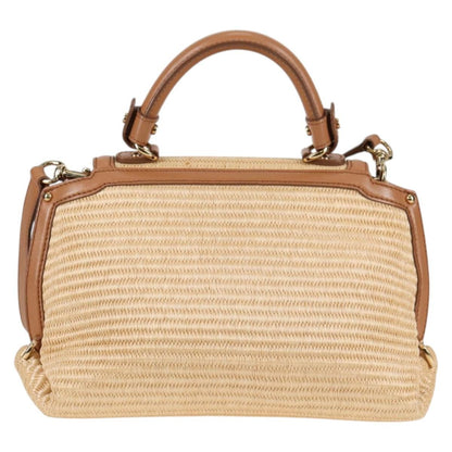 Salvatore Ferragamo Sofia Satchel Raffia with Leather, BEIGE, WOOD, Handbag