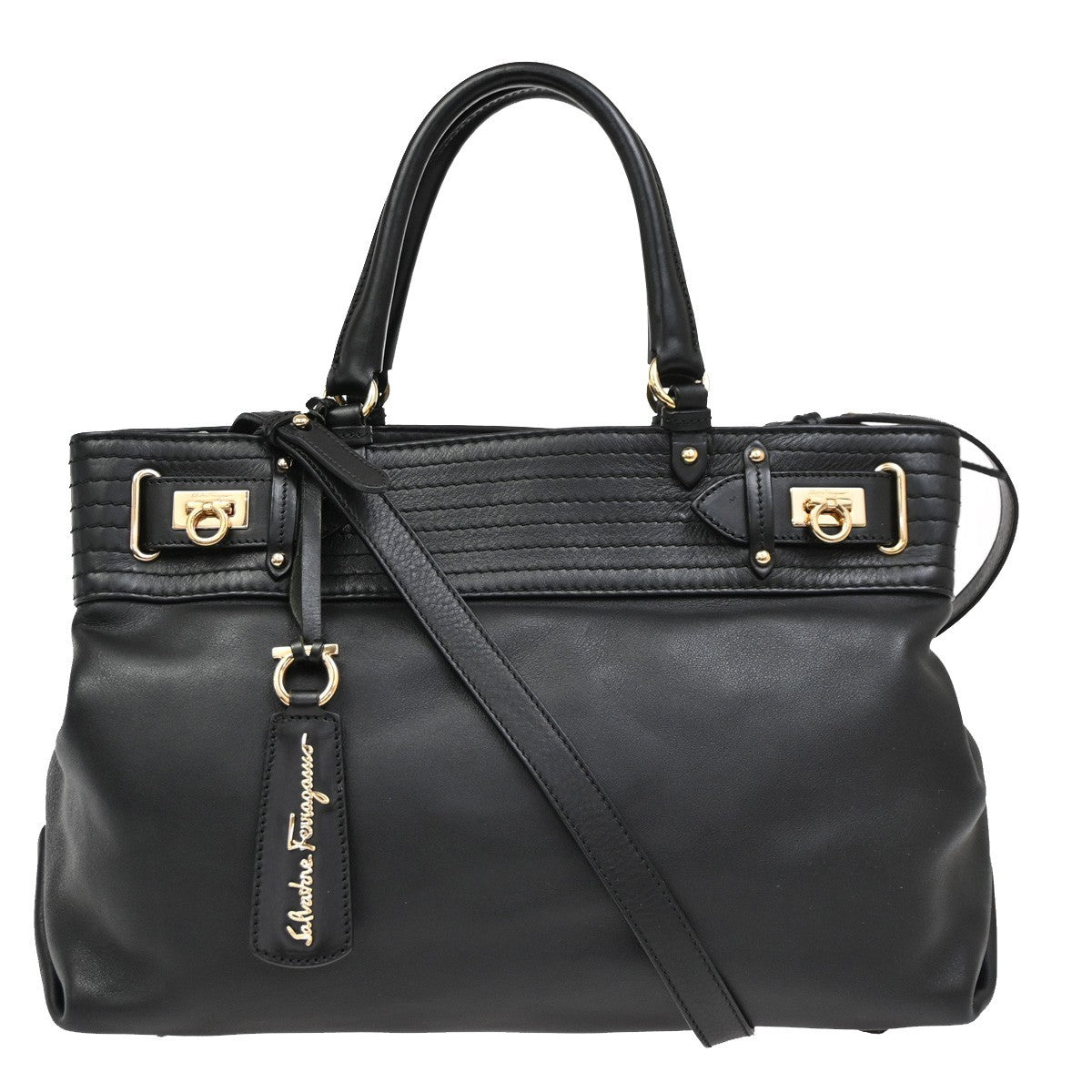 Salvatore Ferragamo Double Gancini Side Buckle Tote Leather, BLACK, LEATHER, Tote bag