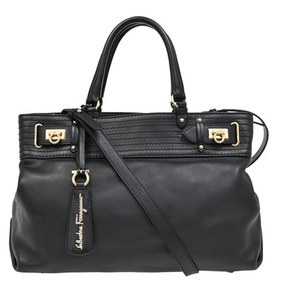 Salvatore Ferragamo Double Gancini Side Buckle Tote Leather, BLACK, LEATHER, Tote bag