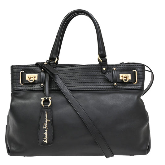 Salvatore Ferragamo Double Gancini Side Buckle Tote Leather, BLACK, LEATHER, Tote bag