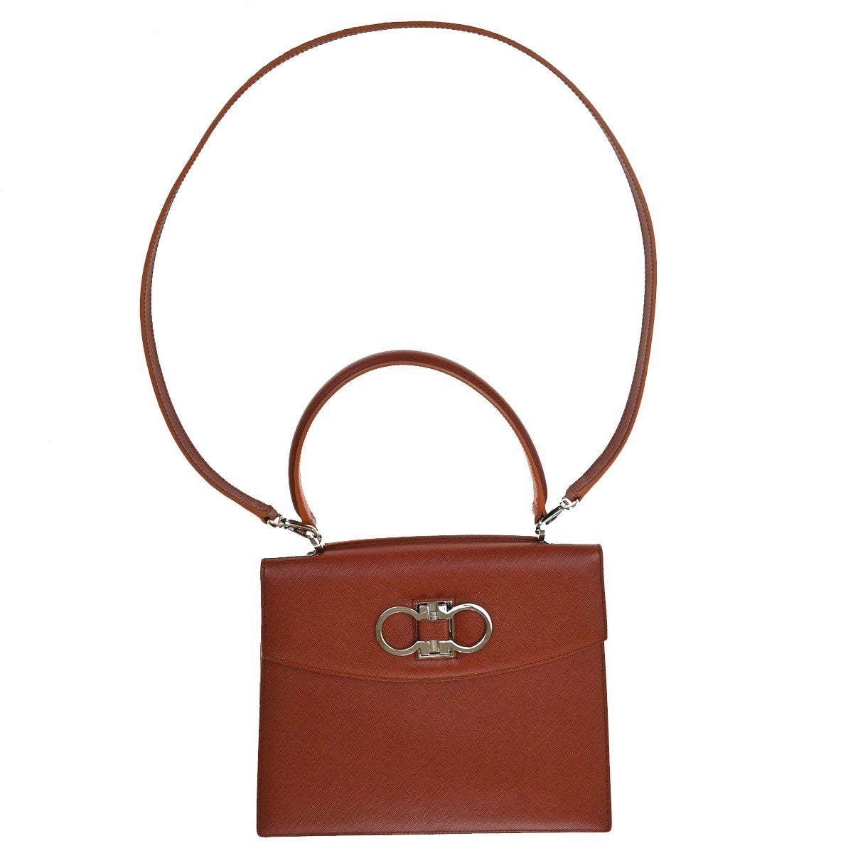 Salvatore Ferragamo Double Gancini Top Handle Bag Saffiano Leather, Brown, Leather, Handbag