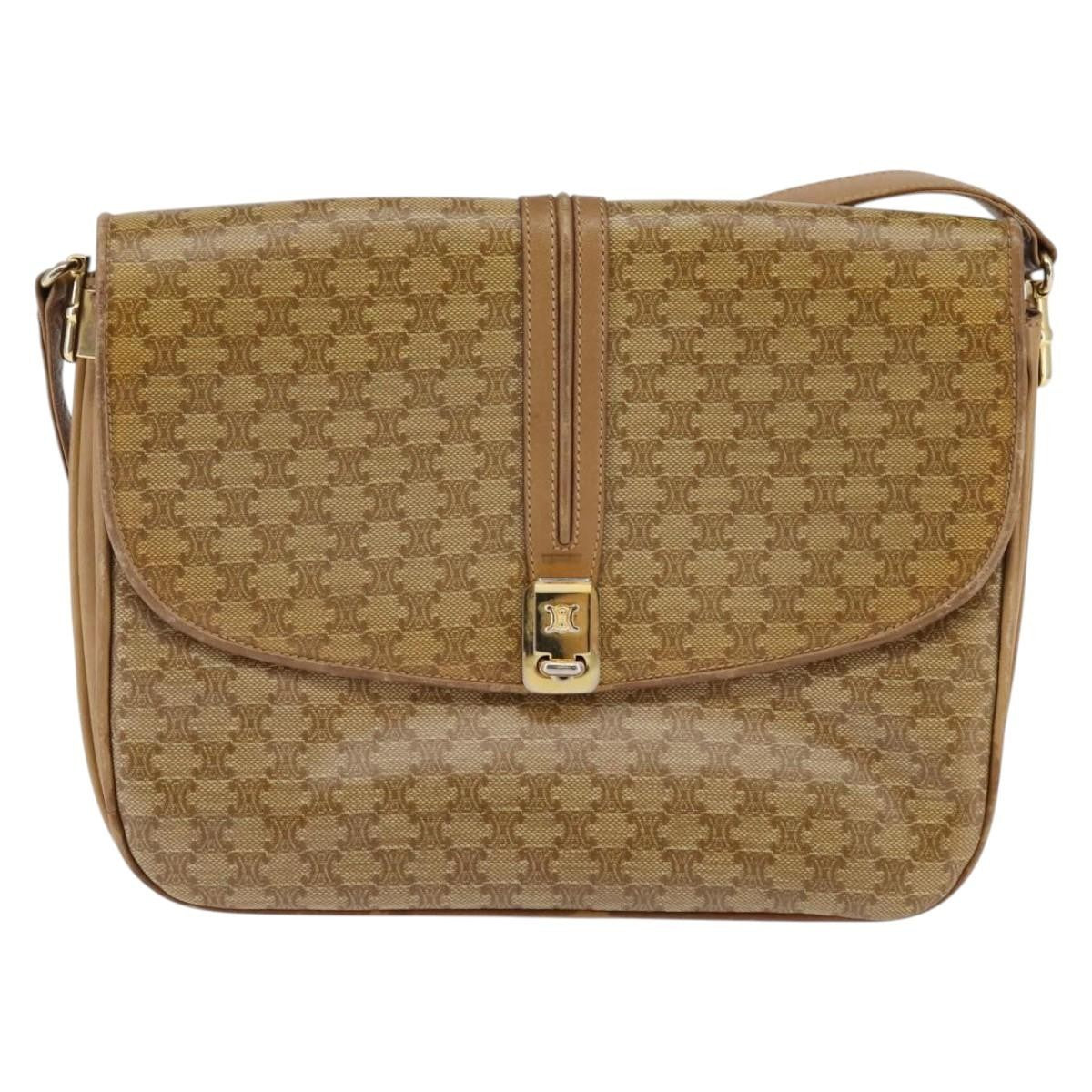 Celine Vintage Macadam Shoulder Bag Canvas and Leather, BEIGE, CANVAS, Shoulder bag