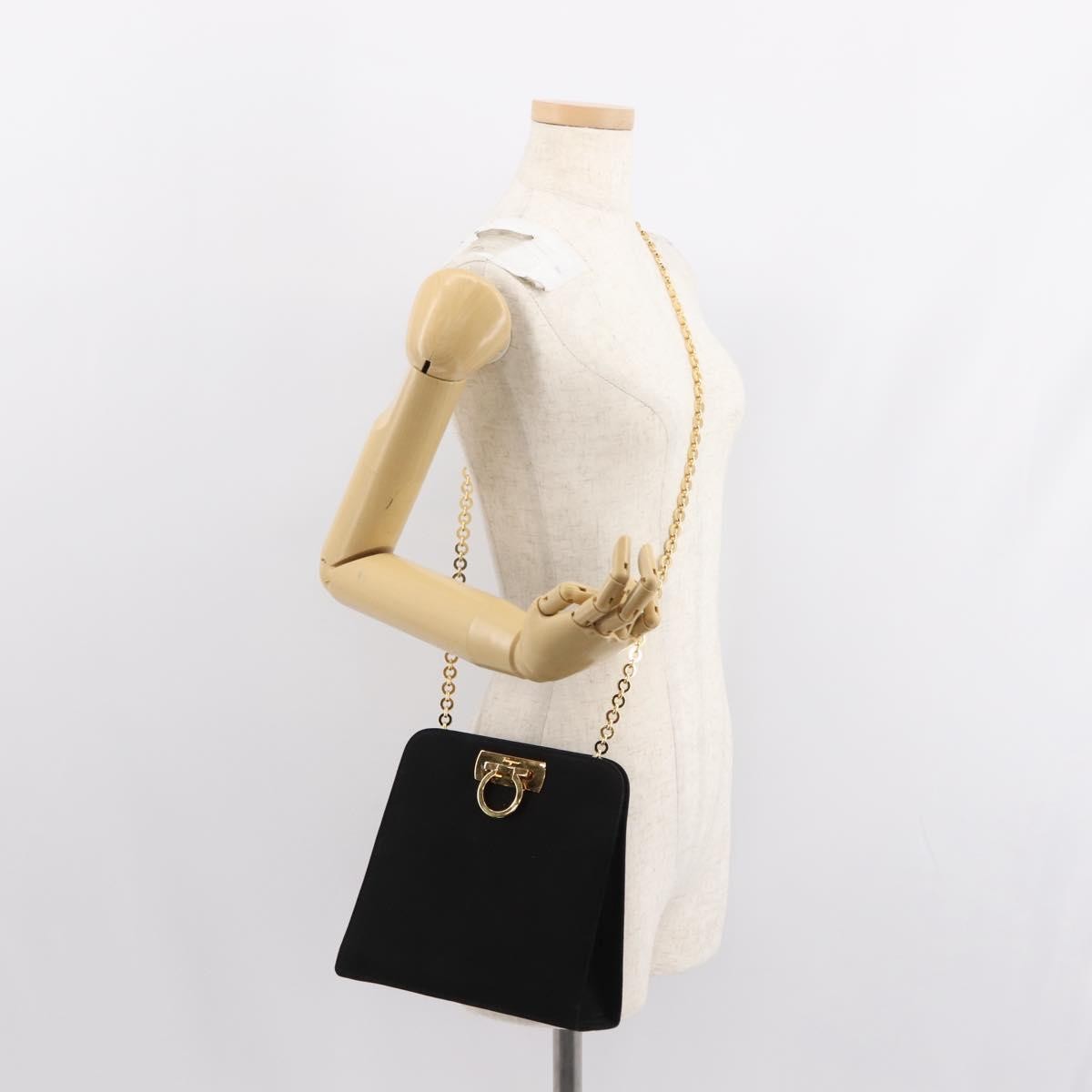 Salvatore Ferragamo Vintage Gancini Chain Shoulder Bag Suede, BLACK, SUEDE, Shoulder bag