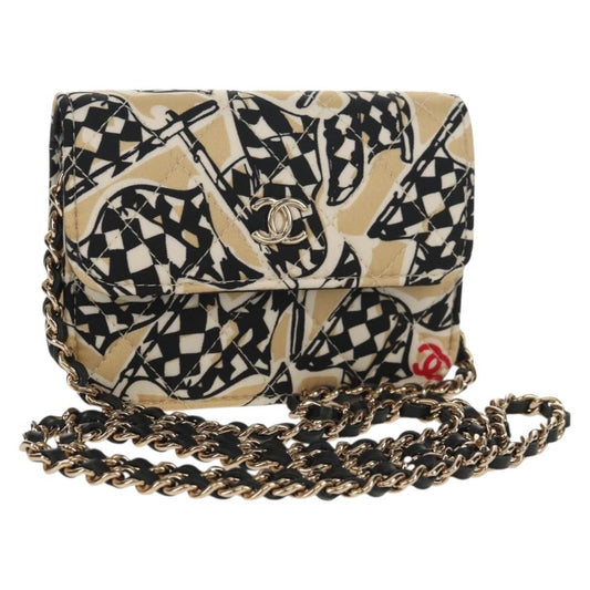 Chanel Flap Card Holder on Chain Quilted Printed Canvas, Beige, Satin, Clutch