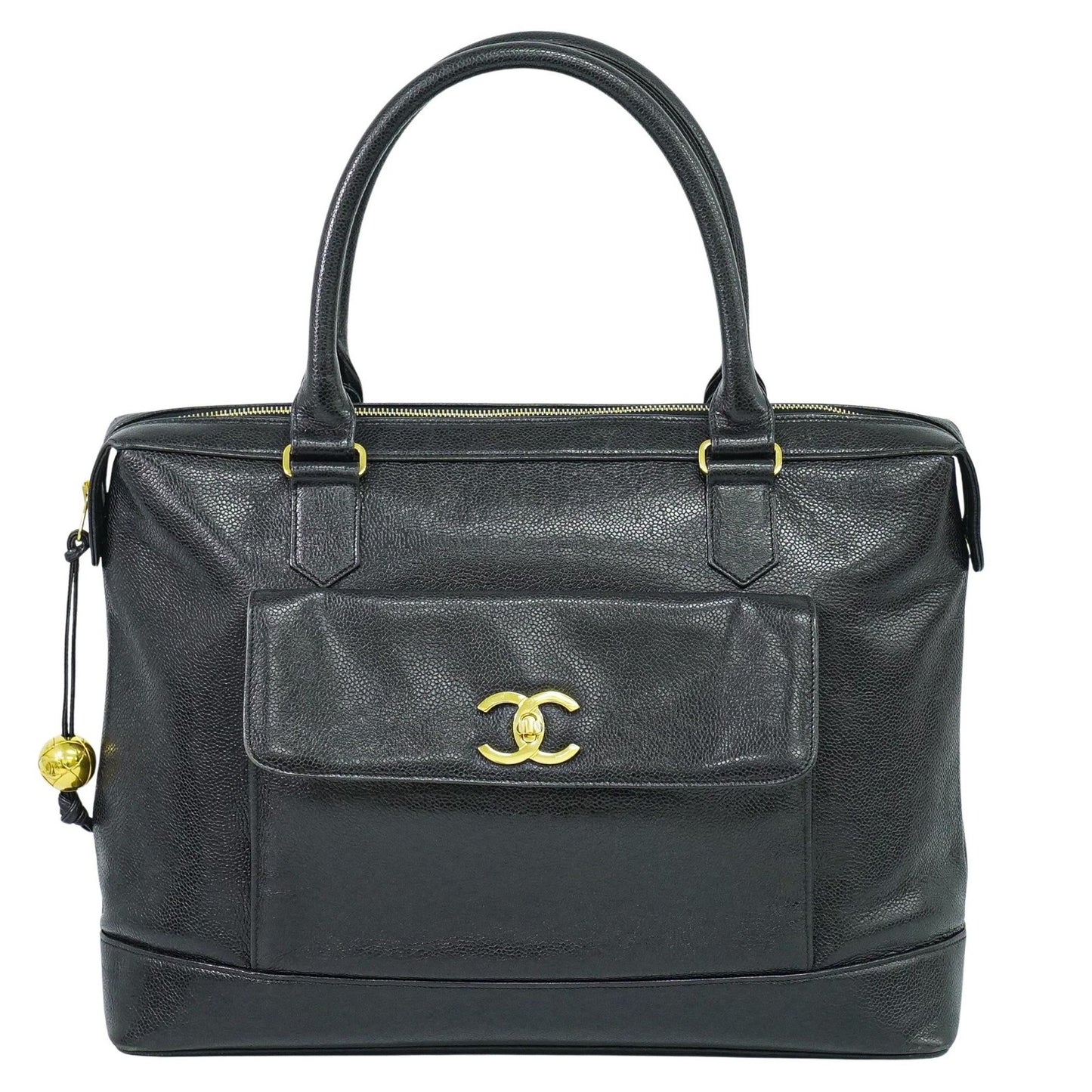 Chanel Vintage Front Pocket Tote Caviar, BLACK, LEATHER, Tote bag