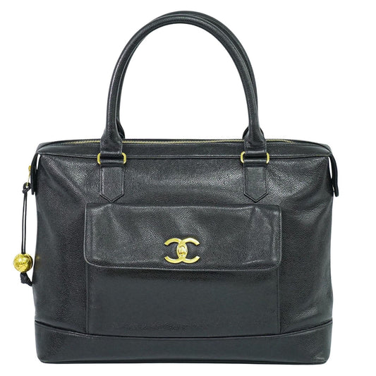 Chanel Vintage Front Pocket Tote Caviar, BLACK, LEATHER, Tote bag