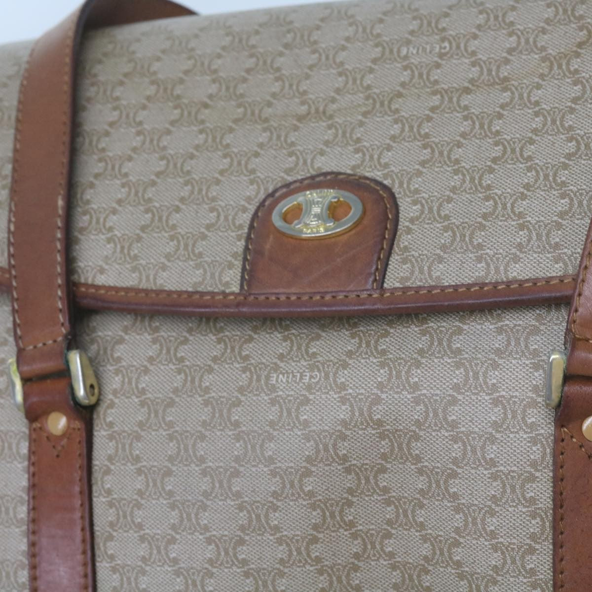 Celine Vintage Macadam Handbag Canvas and Leather, BEIGE, CANVAS, Handbag