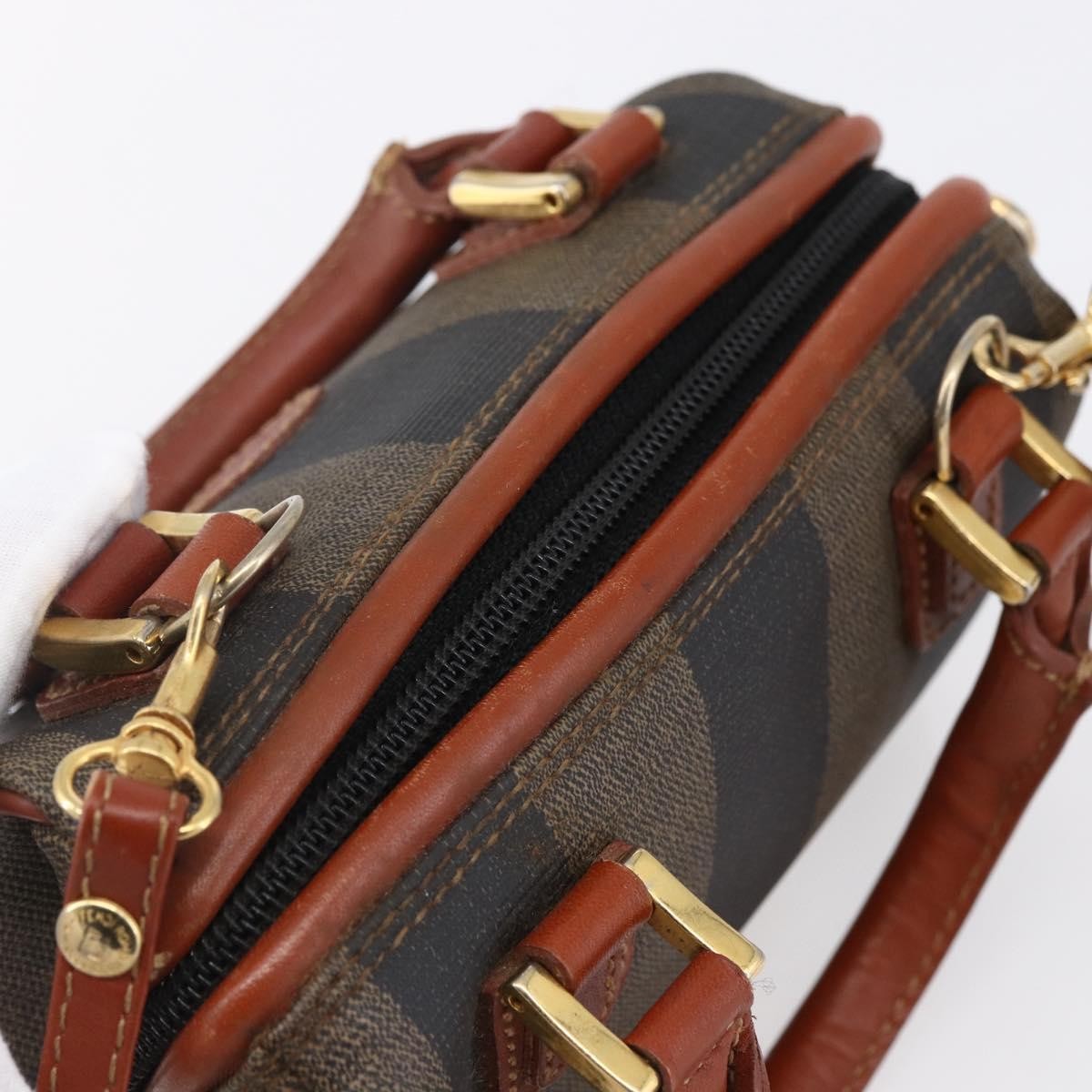 Fendi Vintage Pequin Convertible Boston Bag Coated Canvas, BROWN, CANVAS, Handbag