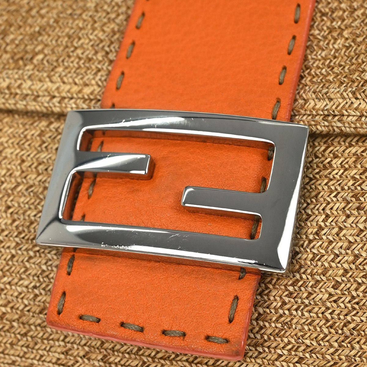 Fendi Selleria Shoulder Bag Leather, "BEIGE,ORANGE", STRAW,LEATHER, Shoulder bag