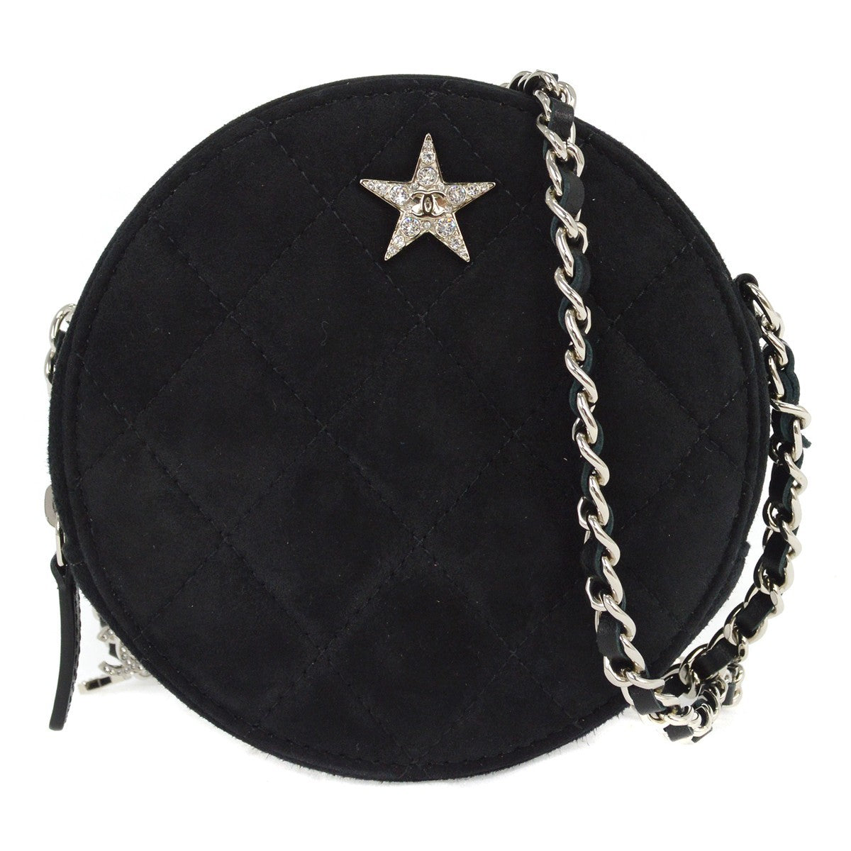 Chanel Star Round Clutch with Chain Quilted Suede with Crystal Embellished Charms, BLACK, SUEDE, Clutche & pouche