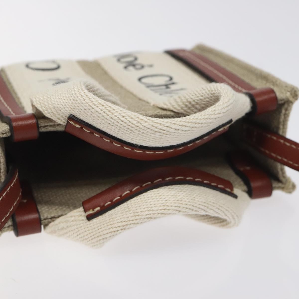 Chloe Woody Tote Canvas with Leather, BEIGE, CANVAS, Tote bag