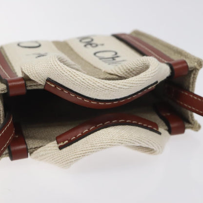 Chloe Woody Tote Canvas with Leather, BEIGE, CANVAS, Tote bag