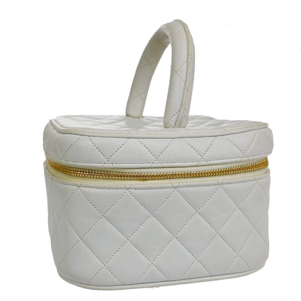 Chanel Classic Vanity Case Quilted Caviar, WHITE, LEATHER, Toiletry Case