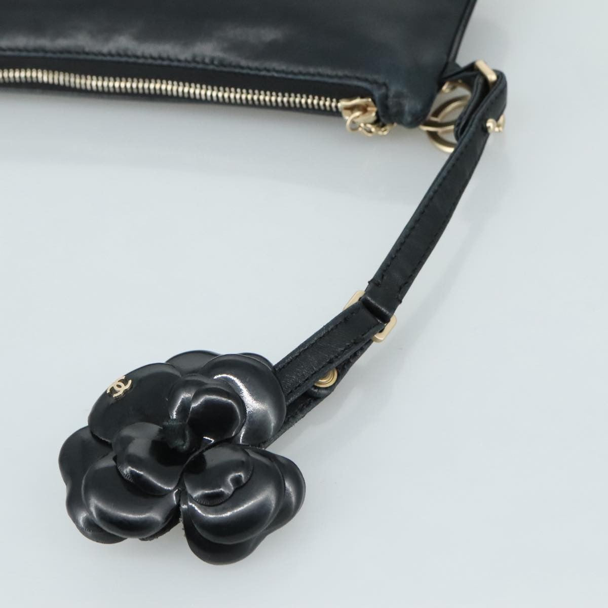 Chanel Vintage Camellia CC Wristlet Clutch Lambskin with Patent, BLACK, LEATHER, Clutche & pouche