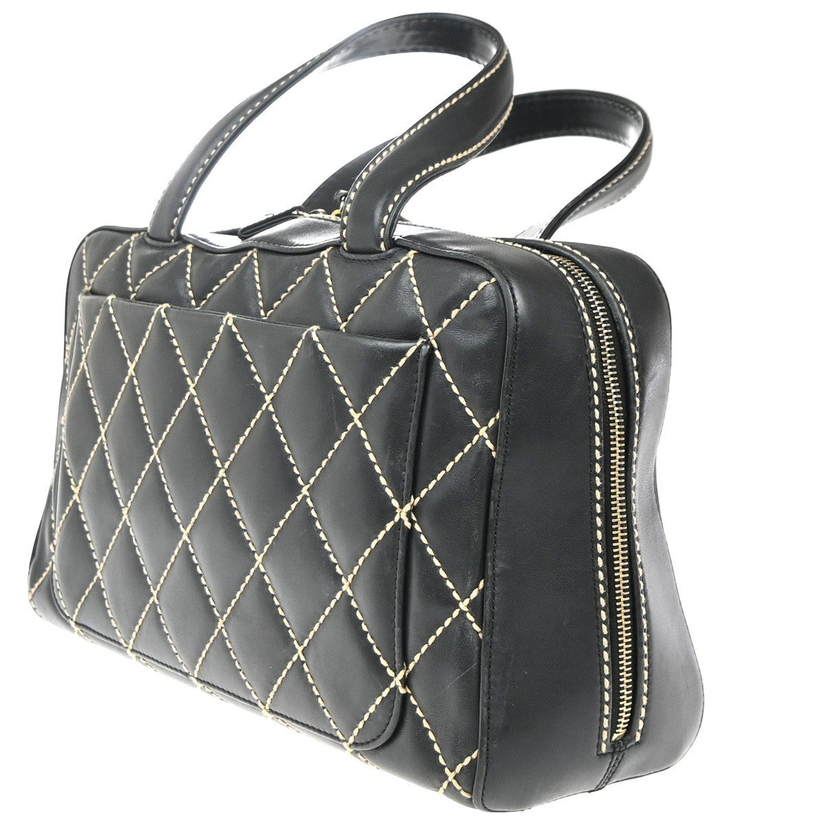 Chanel Surpique Boston Bag Quilted Leather, BLACK, LEATHER, Handbag