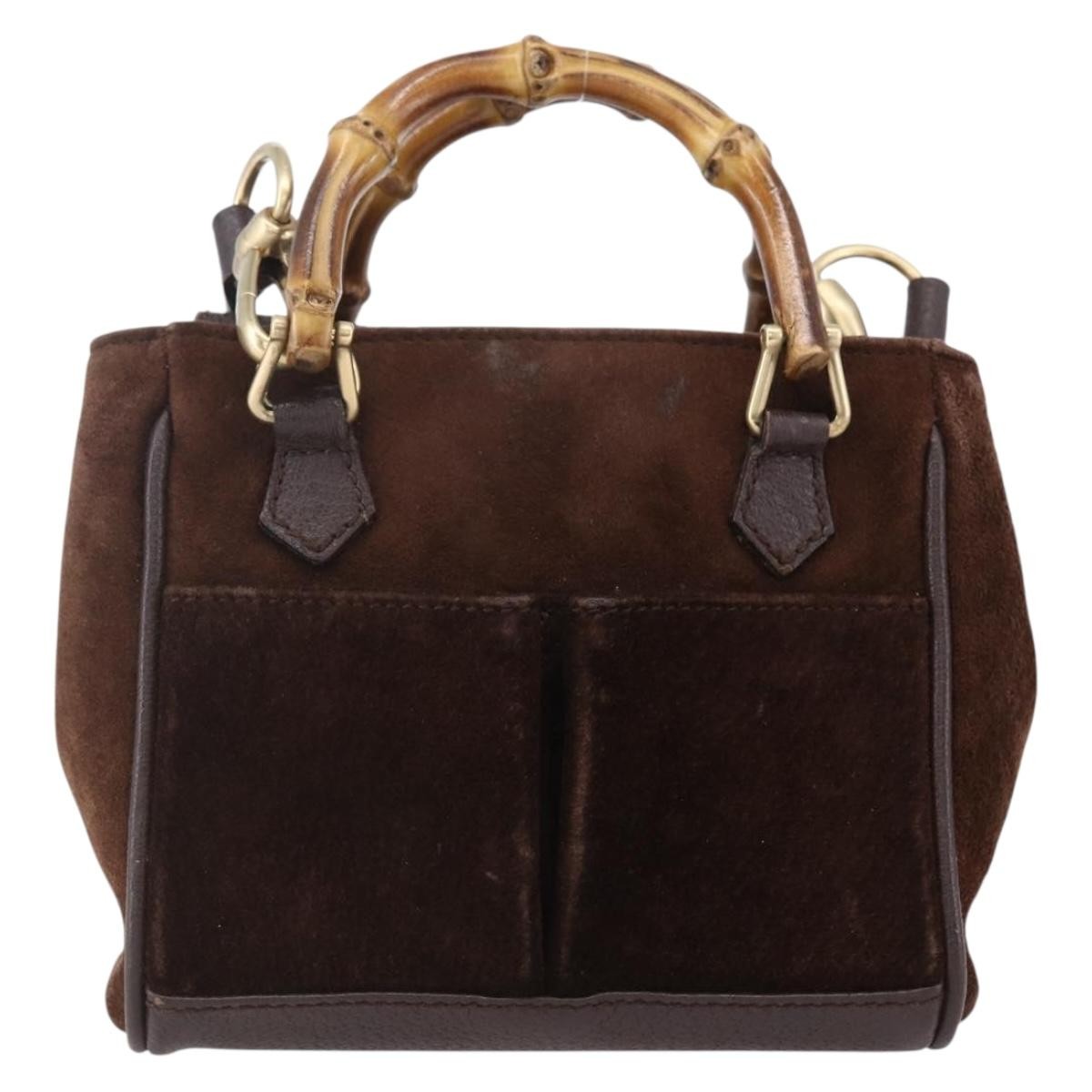 Gucci Vintage Bamboo Front Pocket Tote Suede, BROWN, SUEDE, Handbag