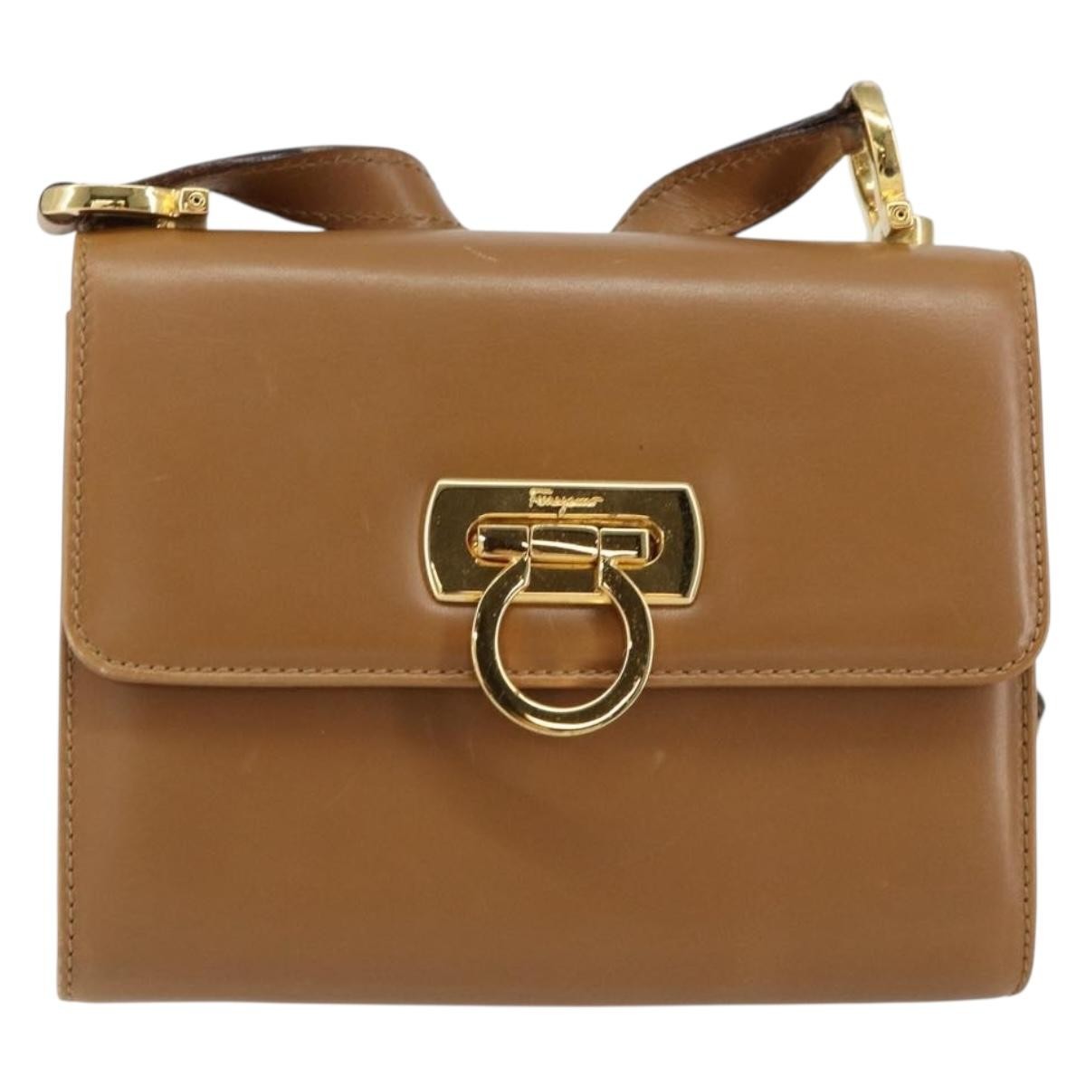 Salvatore Ferragamo Gancini Shoulder Bag Leather, BROWN, LEATHER, Shoulder bag
