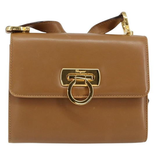 Salvatore Ferragamo Gancini Shoulder Bag Leather, BROWN, LEATHER, Shoulder bag