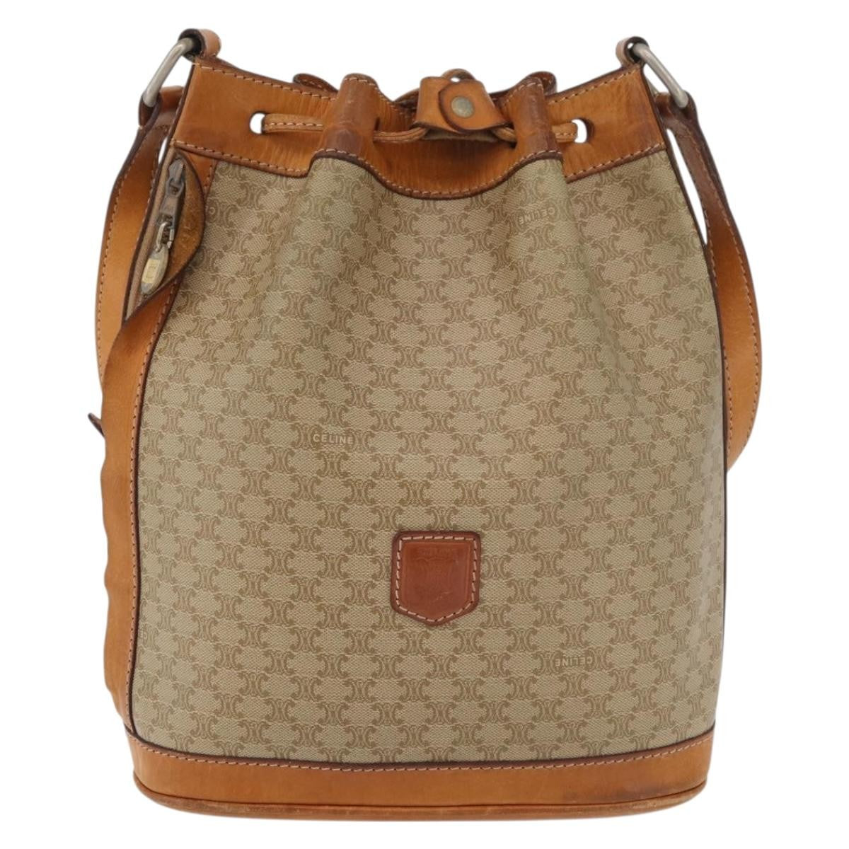 Celine Drawstring Bucket Bag Triomphe Coated Canvas, Beige, Canvas, Handbag