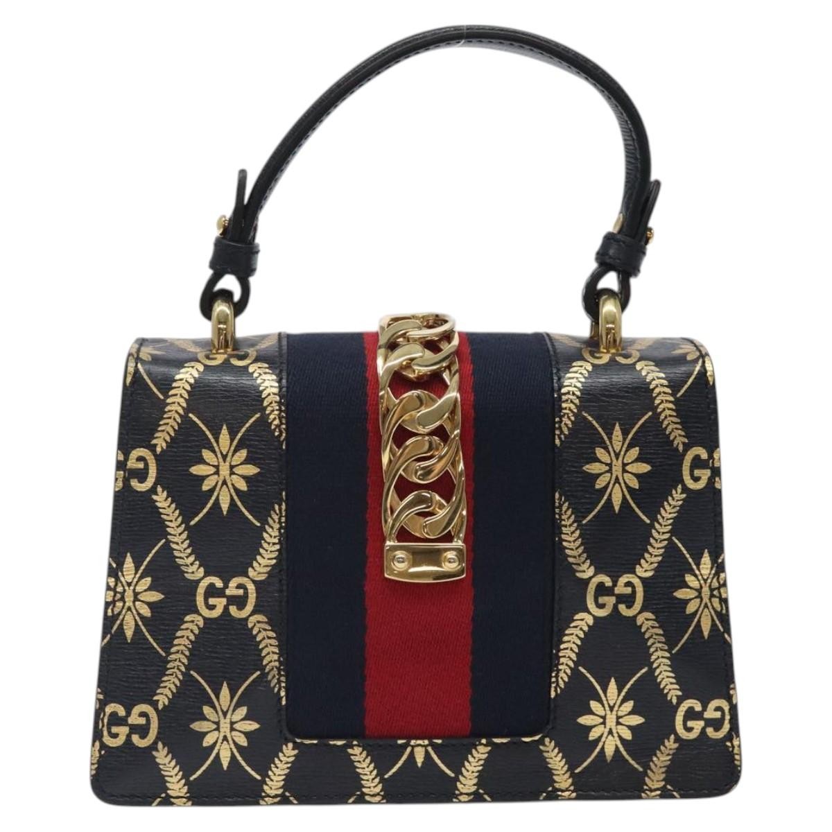 Gucci Sylvie Top Handle Bag Printed Leather, NAVY, LEATHER, Handbag