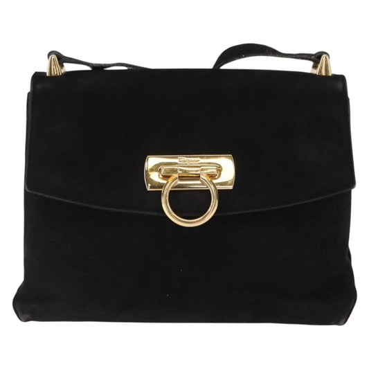 Salvatore Ferragamo Gancini Shoulder Bag Suede, BLACK, SUEDE, Shoulder bag