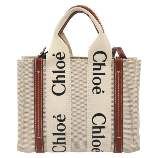 Chloe Woody Convertible Tote Canvas with Leather, BEIGE, CANVAS, Handbag