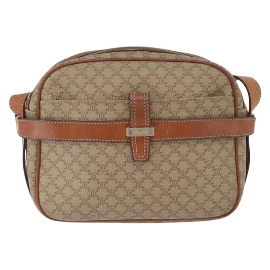 Celine Vintage Macadam Shoulder Bag Canvas and Leather, BEIGE, CANVAS, Shoulder bag