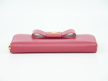 Prada Bow Zip Around Wallet Saffiano Leather, PINK, LEATHER, Wallets