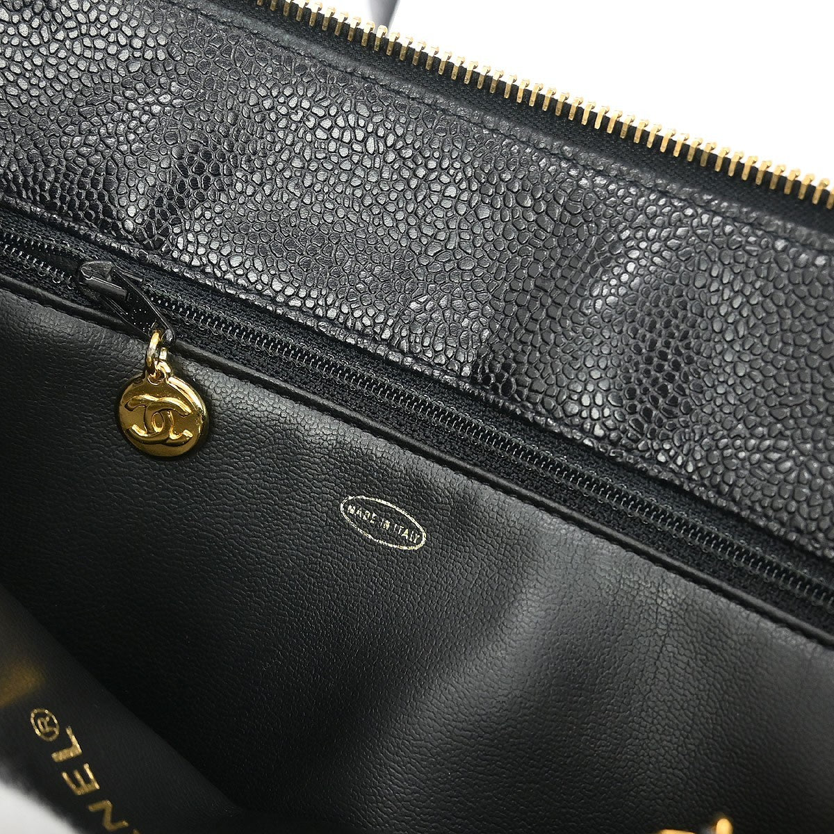 Chanel Vintage Zip Shoulder Bag Chevron Caviar, Black, Calfskin, Shoulder Bag