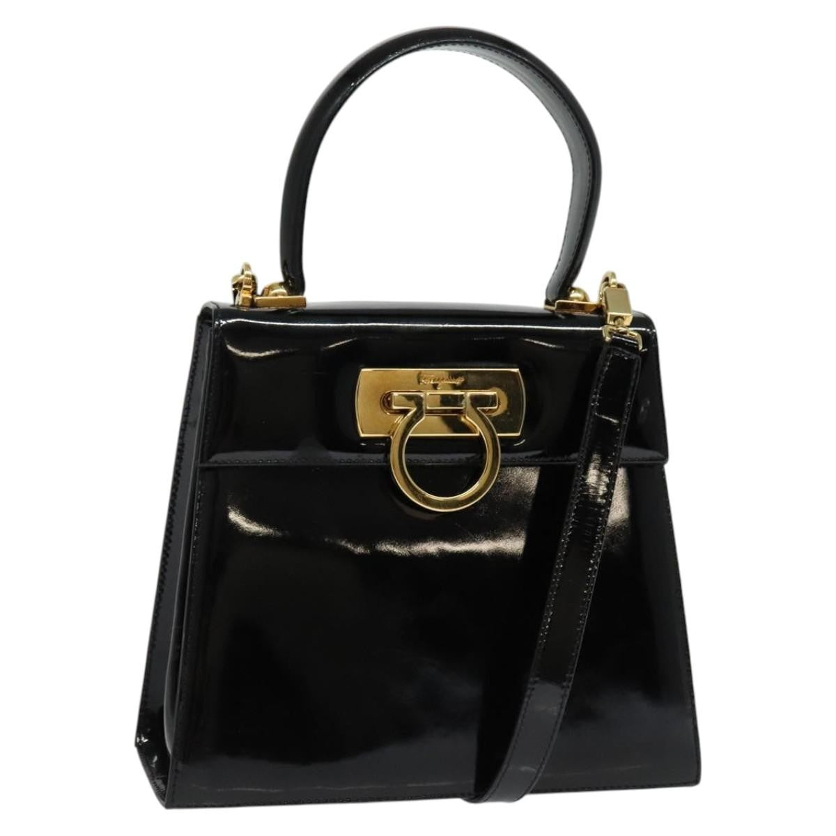 Salvatore Ferragamo Gancini Convertible Top Handle Bag Patent Leather, BLACK, PATENT_LEATHER, Handbag