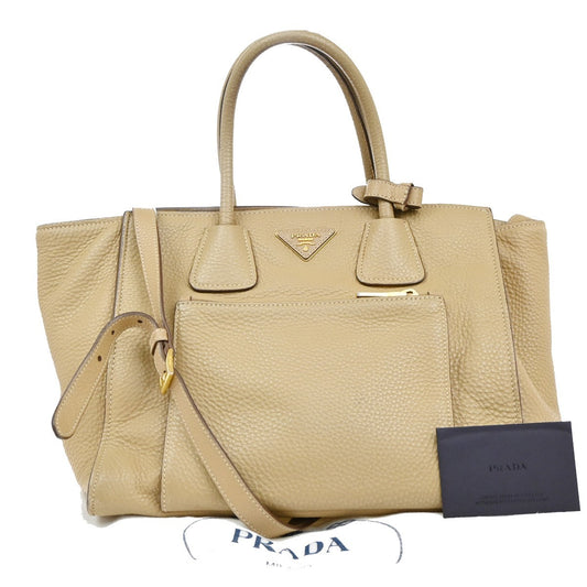 Prada Front Pocket Wing Convertible Tote Vitello Daino, BEIGE, LEATHER, Tote bag