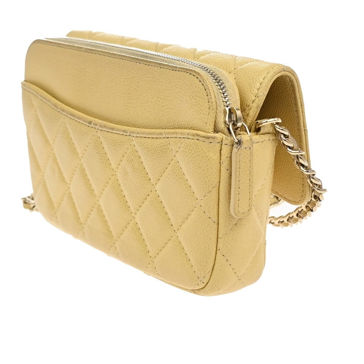 Chanel Classic Sunglasses Case with Chain Quilted Caviar, BEIGE, LEATHER, Clutche & pouche