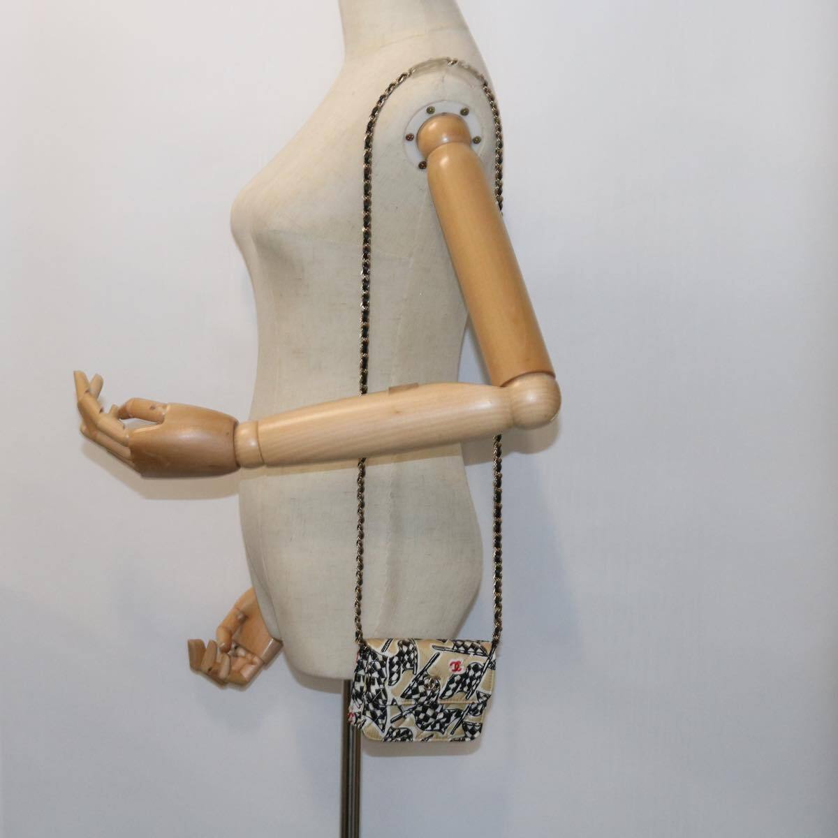 Chanel Flap Card Holder on Chain Quilted Printed Canvas, BEIGE, CANVAS, Shoulder bag