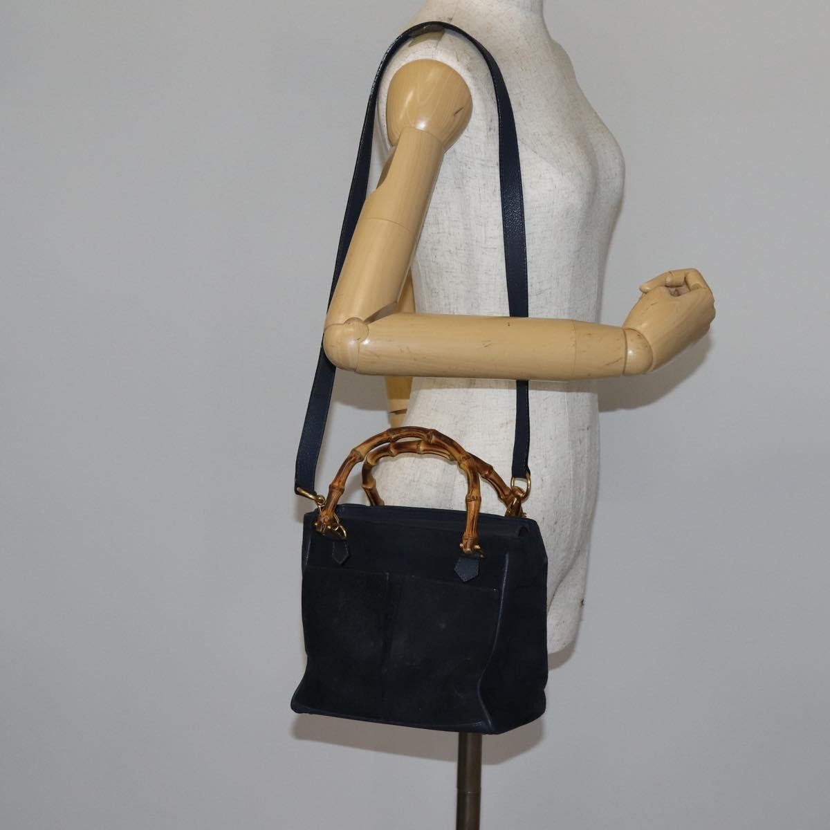Gucci Vintage Bamboo Front Pocket Tote Suede, NAVY, SUEDE, Handbag