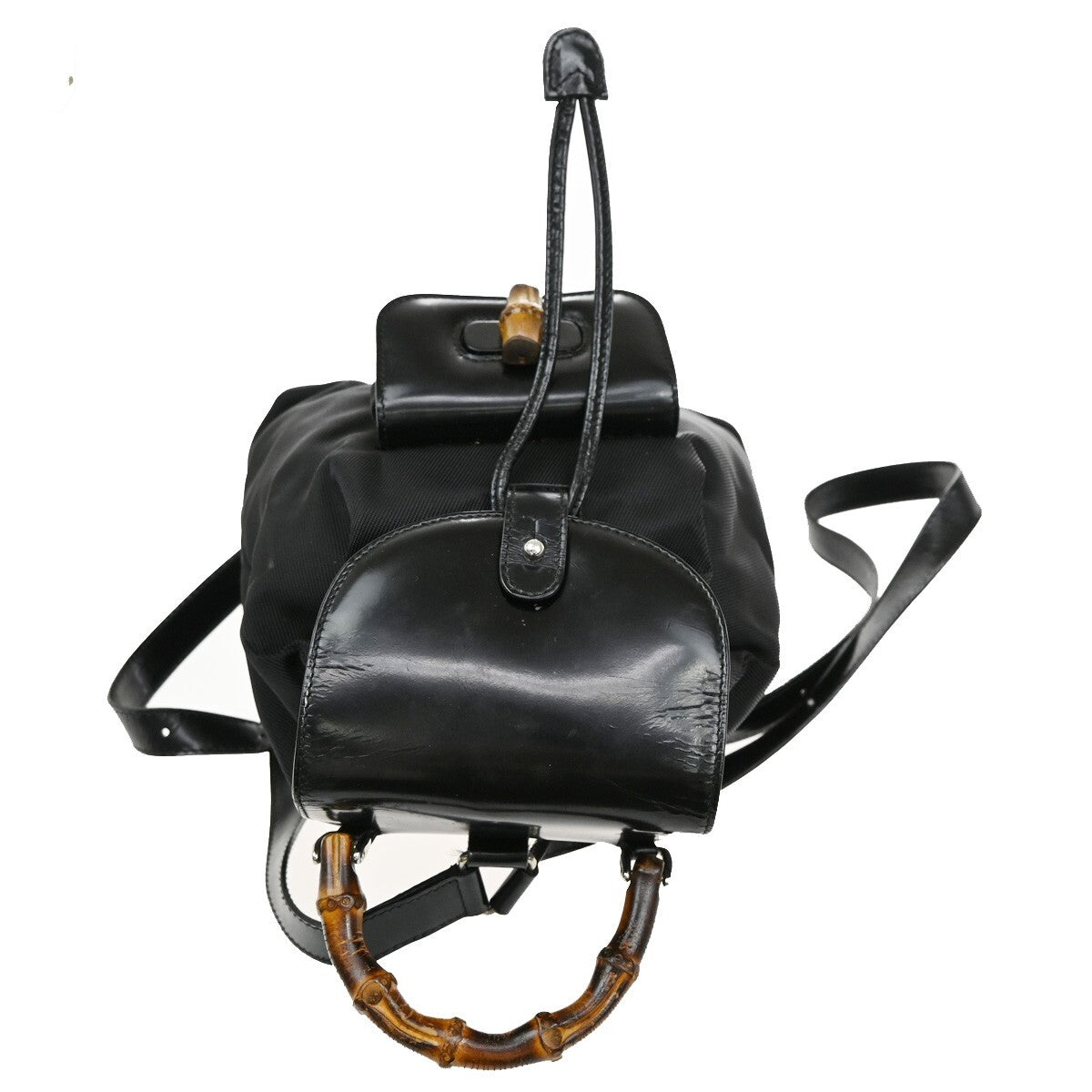 Gucci Vintage Bamboo Backpack Nylon and Patent Leather, BLACK, NYLON, Backpack