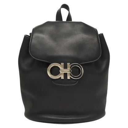 Salvatore Ferragamo Gancini Flap Drawstring Backpack Leather, BLACK, LEATHER, Backpack