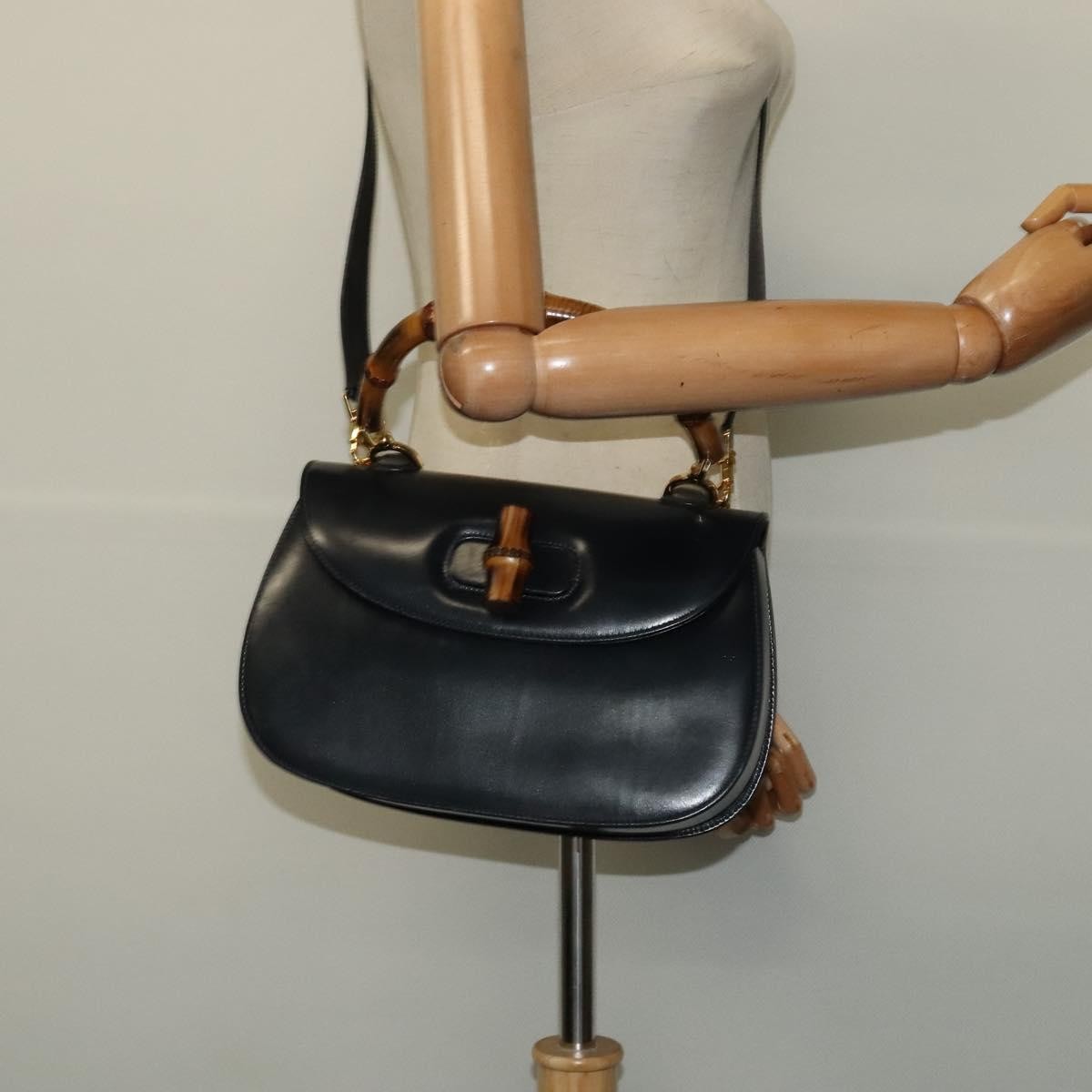 Gucci Vintage Convertible Bamboo Top Handle Bag Leather, NAVY, LEATHER, Handbag