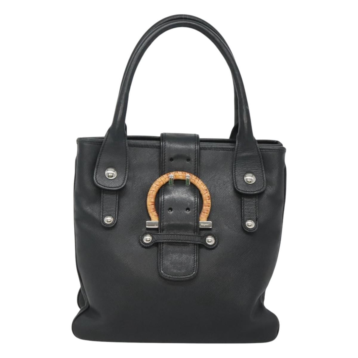 Salvatore Ferragamo Gancini handbag Leather, BLACK, LEATHER, Handbag