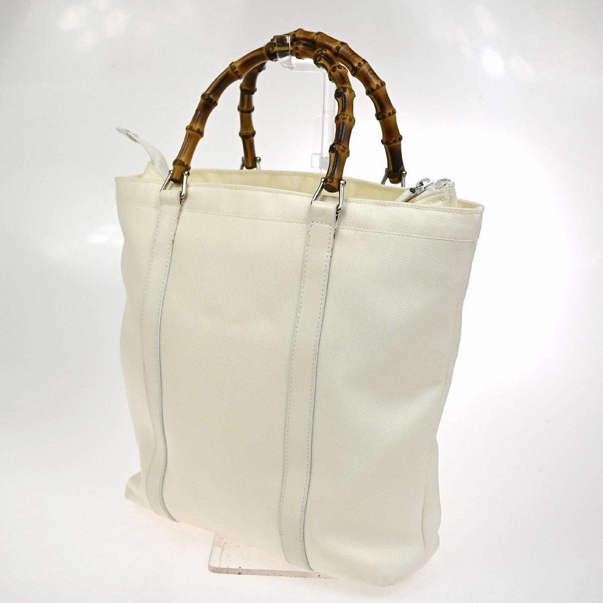 Gucci Convertible Bamboo Zip Tote Nylon, White, Nylon, Tote Bag