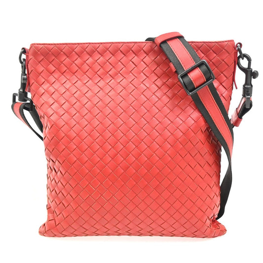 Bottega Veneta Flat Messenger Bag Intrecciato Nappa, Red, Leather, Shoulder Bag
