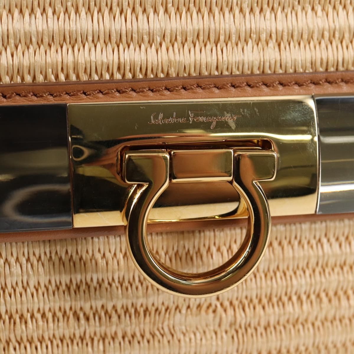 Salvatore Ferragamo Sofia Satchel Raffia with Leather, BEIGE, WOOD, Handbag