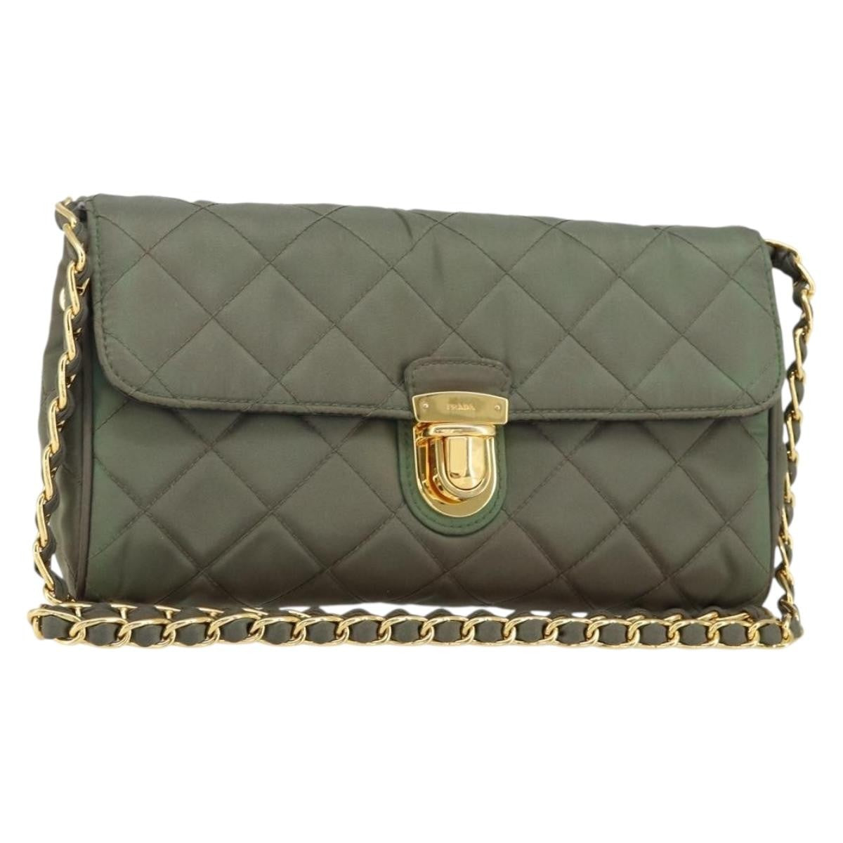 Prada Pushlock Chain Flap Bag Quilted Tessuto, KHAKI, NYLON, Shoulder bag
