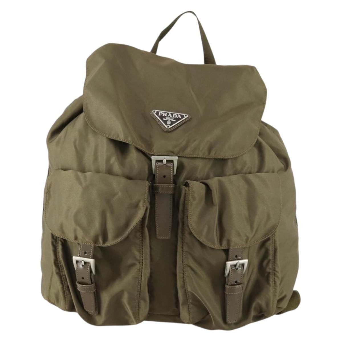Prada Vela Double Front Pocket Backpack Tessuto with Saffiano Leather, KHAKI, NYLON, Backpack