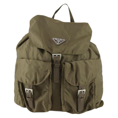 Prada Vela Double Front Pocket Backpack Tessuto with Saffiano Leather, KHAKI, NYLON, Backpack