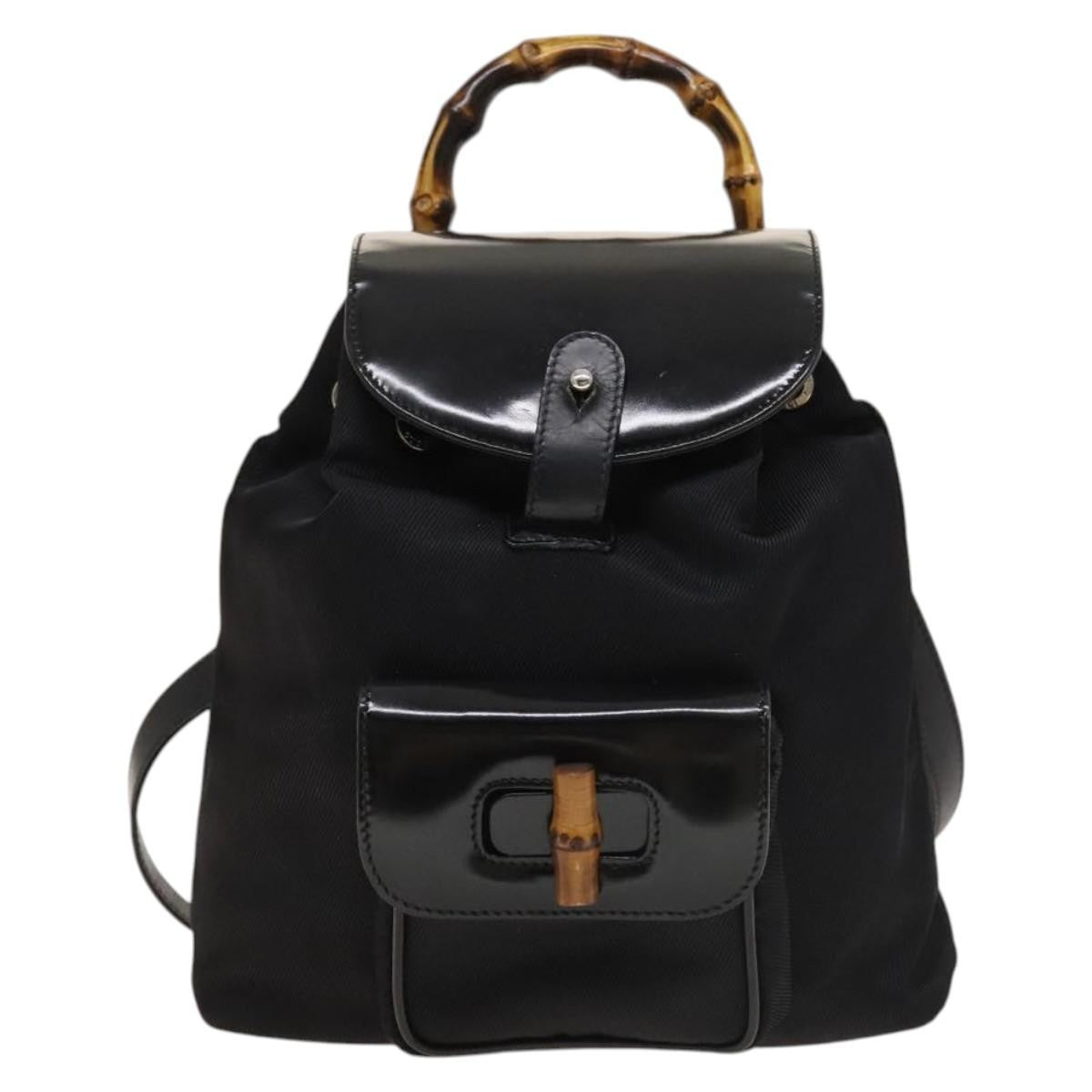 Gucci Vintage Bamboo Backpack Nylon and Patent Leather, BLACK, NYLON, Backpack