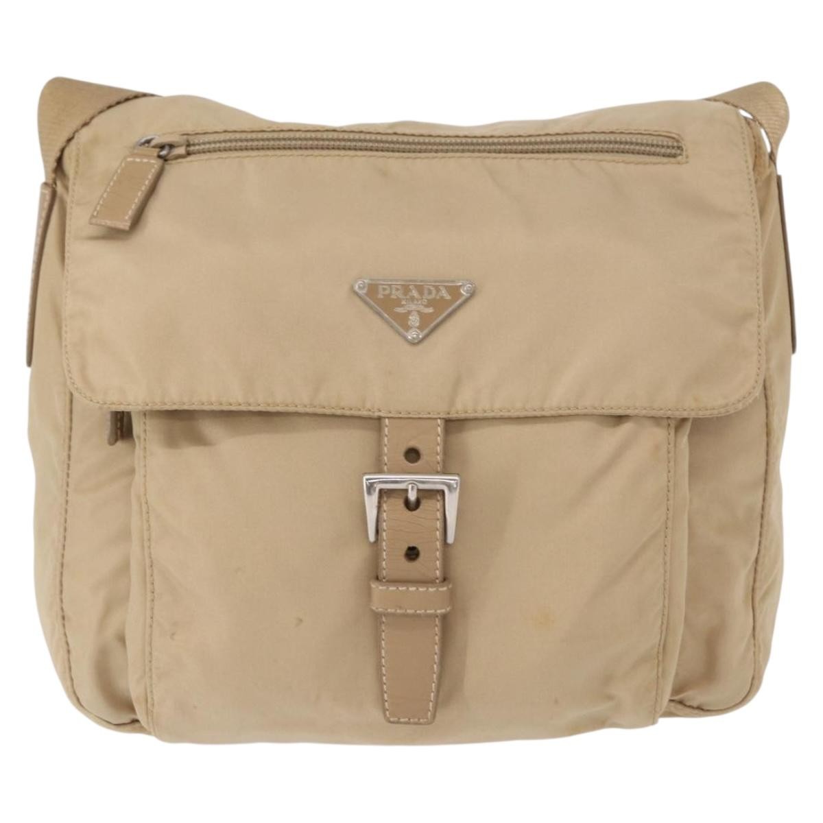 Prada Buckle Messenger Bag Tessuto, Beige, Nylon, Shoulder Bag